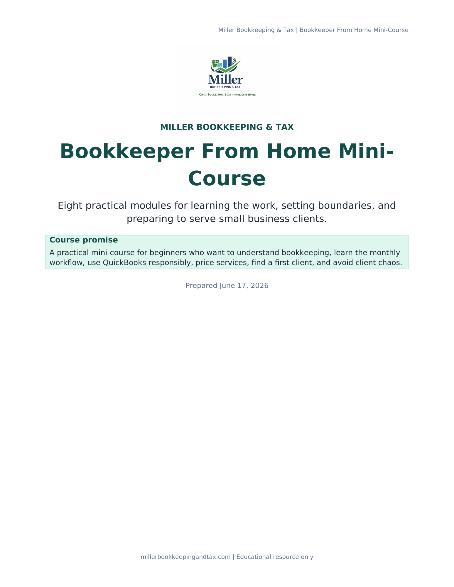 Bookkeeper From Home Mini-Course guide cover